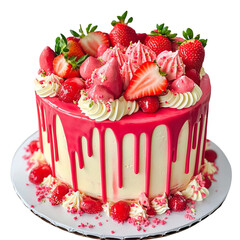 Strawberry Cake Delight: A mouthwatering strawberry cake with a vibrant, pink frosting, lavishly adorned with fresh strawberries and delicate, sweet treats.