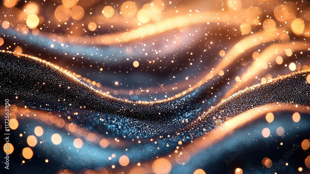 Poster Glitter abstract background concept. Abstract image of shimmering waves with glowing particles and soft lighting effects.