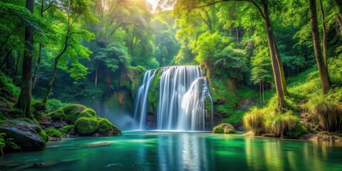 Obraz premium A serene waterfall cascading down a lush green forest, surrounded by tall trees and vibrant foliage, foliage, water