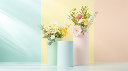 Bright and Cheerful Flower Arrangement in Pastel Vases Against a Soft Color Background for a Fresh and Inspiring Home Decor Theme