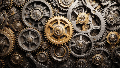 Many intricate metal gears interlock creating complex machinery.