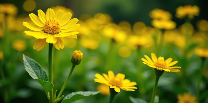 Bright yellow flowers of elecampane plant in a garden, nature, flowers