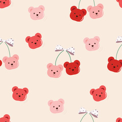 Bear cherry,Teddy Bear cherry,Red cherry white bow Seamless pattern, vector.