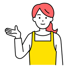 右手で案内するエプロン姿の女性