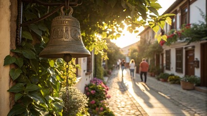 Obraz premium Sunlit Cobblestone Street Framed by Blooming Flowers and Nostalgia V3