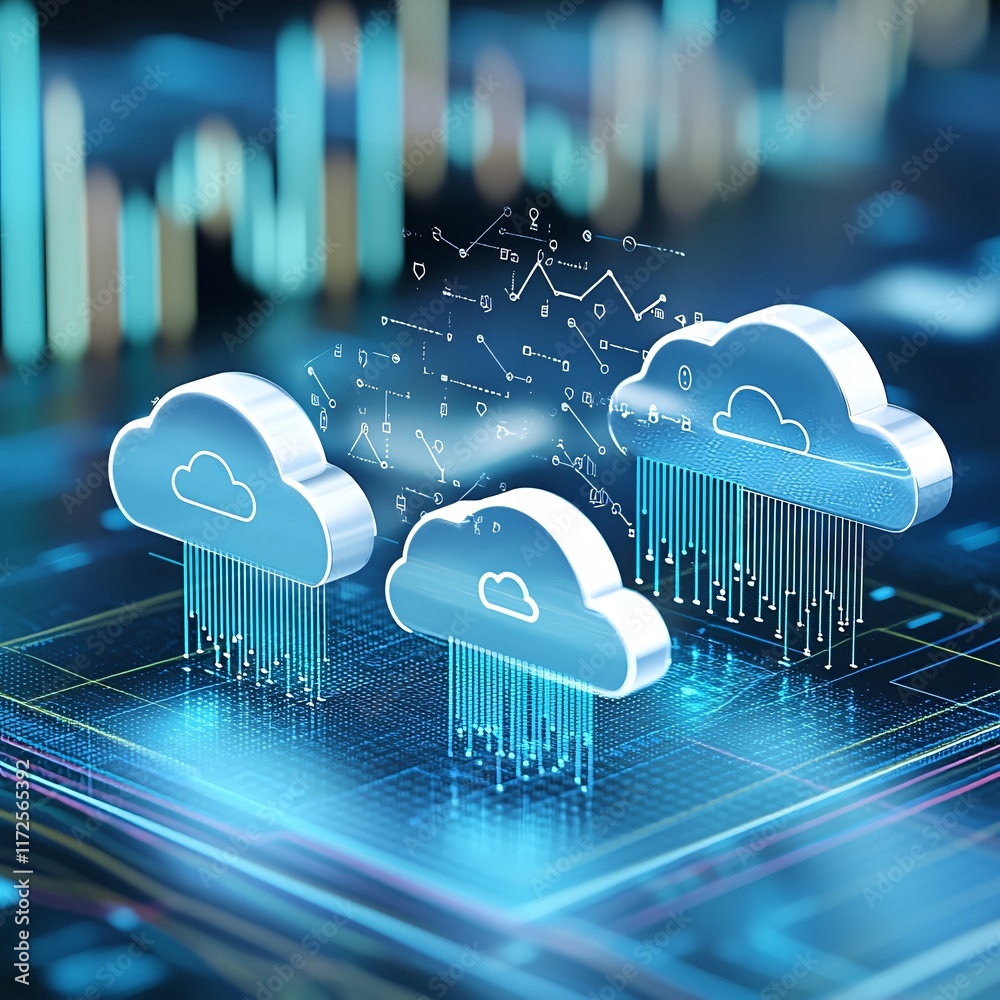 Poster a computer-generated image of cloud-based financial models forecasting future market conditions