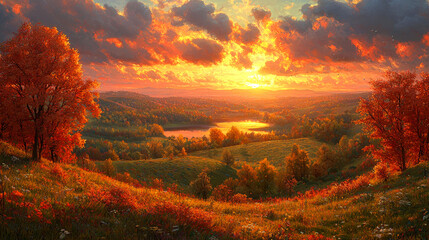 Fototapeta premium Autumn Sunset Over Hills