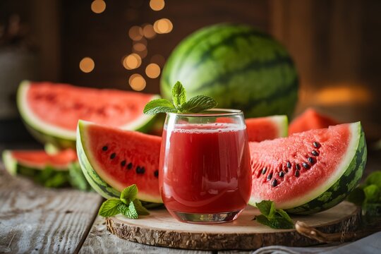 a refreshing scene featuring a glass of watermelon juice placed on a wooden surface, capturing the essence of summer. Surrounding the glass are vibrant, juicy slices of watermelon, their deep red fle