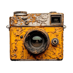 Antique Camera with Weathered Paint: A vintage camera with weathered yellow paint stands as a testament to time and memories, its lens reflecting stories of the past.