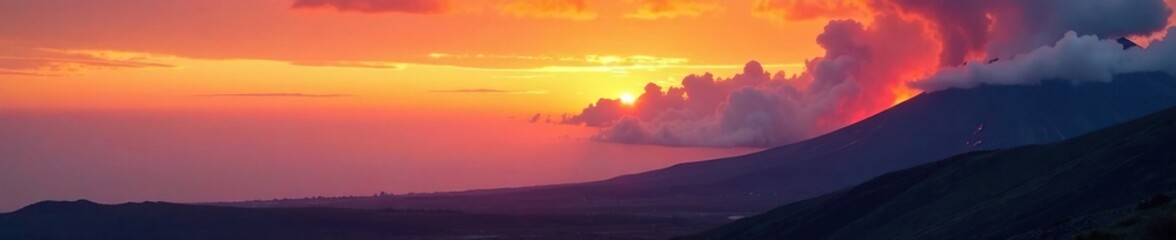 Obraz premium Clouds of orange and white mist spread across a volcanic landscape at sunset, fiery_glow, volcanic