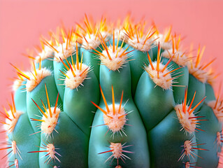 Close-up of a vibrant teal cactus with bright orange spines against a pink background.