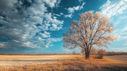 Fototapeta premium Serene Landscape: Lone Tree in Golden Prairie under a Dramatic Sky