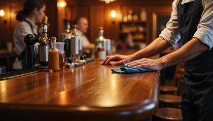 Bartender cleaning bar top in a cozy pub environment