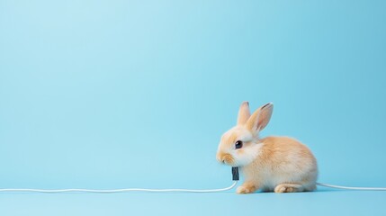 Obraz premium Adorable Light Brown Bunny with a Cord on a Soft Blue Background Representing Playfulness and Cuteness in a Studio Setting, Perfect for Animal Lovers and Pet Enthusiasts