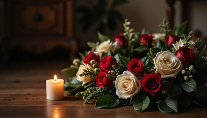 Obraz premium Floral arrangement of red and white roses with a candle
