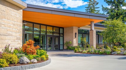  Serene Modern Senior Care Facility with Lush Garden and Inviting Entrance. Aesthetic and Welcoming Environment for Elderly Care and Wellness.