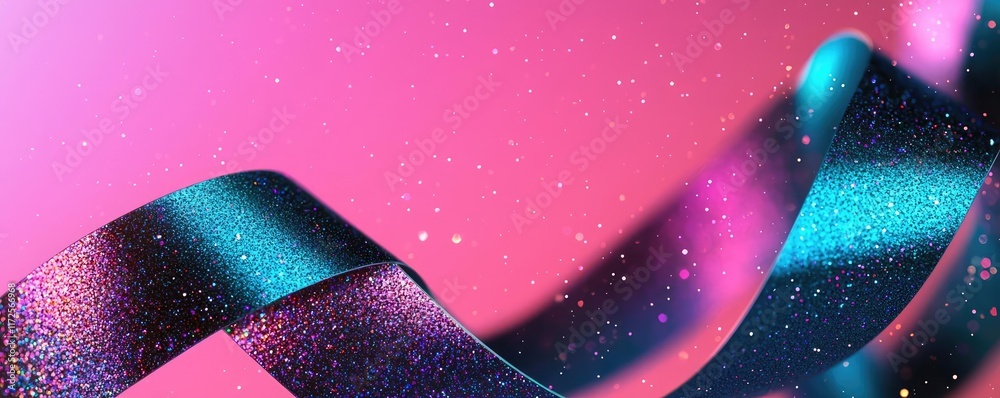 Poster glitter abstract background concept. vibrant ribbon waves swirl against a shimmering pink background