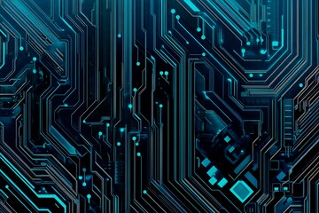 Abstract close-up of a glowing blue digital circuit board, showcasing intricate connections and technological design on a black background.
