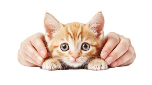 Ginger kitten with a curious expression being gently held by hands without background