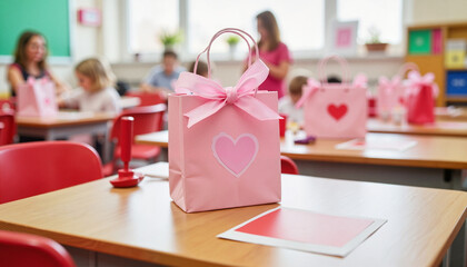 Pink gift bags with heart designs in a classroom setting
