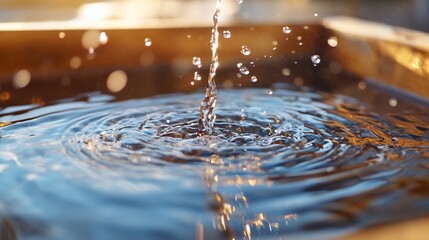 Water droplets creating ripples in a tranquil surface.