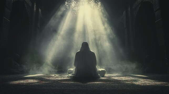 Man praying indoor silhouette, meditation, pray to god , Moslem, yoga 