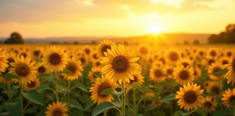 Fototapeta premium Golden hues fade over tall sunflower stalks in a vast open field, warm glow, wildflowers, serene