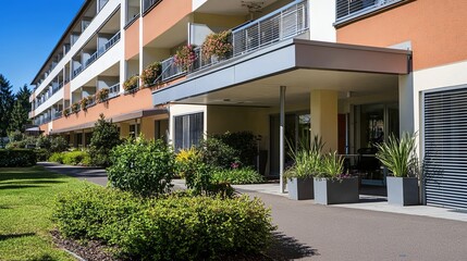 Fototapeta premium Serene Modern Senior Care Facility with Lush Garden and Inviting Entrance. Aesthetic and Welcoming Environment for Elderly Care and Wellness.