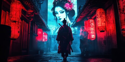 Samurai Walks Neon Lit Japanese Street Geisha Billboard