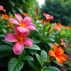 Fototapeta premium Guayacan flowers in a garden with other flowers, nature, botanical