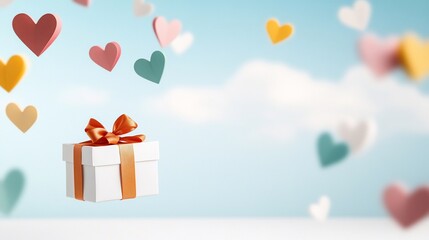A floating gift box surrounded by colorful hearts in a dreamy setting.