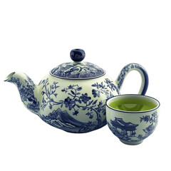  Serene Tea Set: A porcelain tea set, with blue floral motif, offers a glimpse into a tranquil afternoon tea ritual. Featuring a tea pot and cup filled with fragrant green tea.  