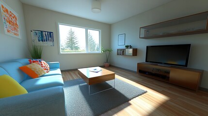 Fototapeta premium Sunlit living room with blue sofa, wooden floors, and modern TV unit.