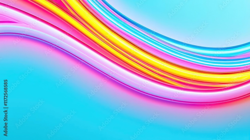 Poster neon abstract background idea. vibrant abstract waves in bright colors flowing over a smooth blue ba