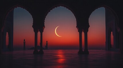 Fototapeta premium Islamic architecture in silhouette, crescent moon radiating softly, serene twilight with layers of warm and cool colors blending seamlessly
