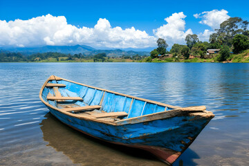 Obraz premium Blue Wooden Boat Lake Landscape Photo