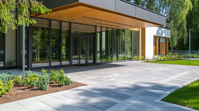  Serene Modern Senior Care Facility with Lush Garden and Inviting Entrance. Aesthetic and Welcoming Environment for Elderly Care and Wellness.