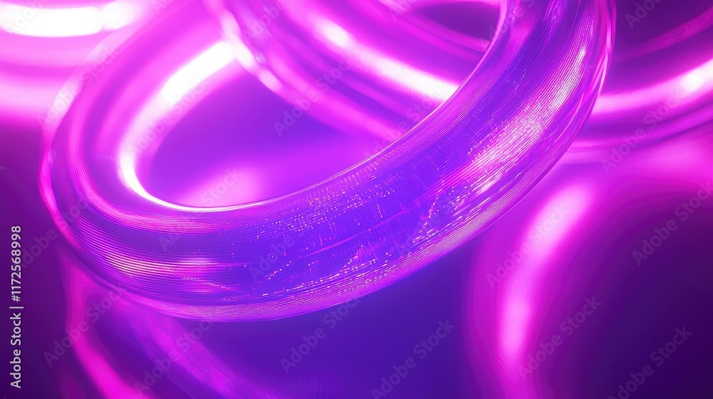 Poster Neon abstract background idea. Abstract translucent rings illuminated in vibrant purple light, creating a mesmerizing effect.