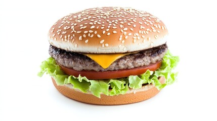 A delicious cheeseburger with lettuce, tomato, and sesame bun.