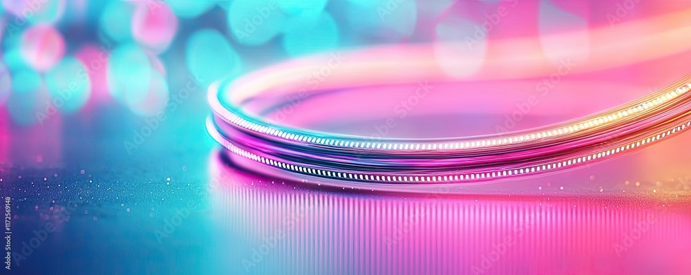 Poster Neon abstract background idea. Vibrant neon cable on a reflective surface with colorful bokeh lights in the background.