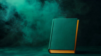 Green hardcover book with gold leaf edges upright on a dark surface, surrounded by swirling green smoke, creating a mysterious and magical atmosphere