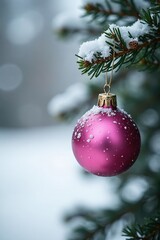 Single pink Christmas ornament against a white snowy background, pink, ornament, decoration
