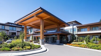  Serene Modern Senior Care Facility with Lush Garden and Inviting Entrance. Aesthetic and Welcoming Environment for Elderly Care and Wellness.