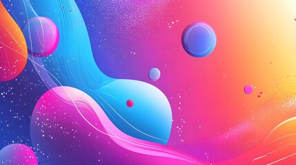 The image contains an abstract design with vibrant pink, purple, blue, and orange colors.  Fluid, wave-like shapes overlap, interspersed with small, glossy spheres and a scattering of glitter-like pa