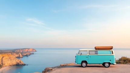 Vintage Van Parked on Coastal Cliff Overlooking Serene Ocean at Sunrise, A Perfect Travel Destination for Adventure Seekers and Nature Lovers