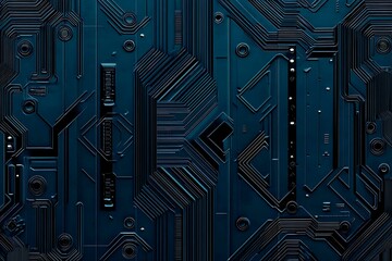 Abstract close-up of a glowing blue digital circuit board, showcasing intricate connections and technological design on a black background.
