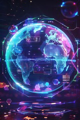 Fototapeta premium Futuristic of a digital Earth, holographic display interconnected global data streams and interactive interfaces. Technologically advanced world of information and communication.