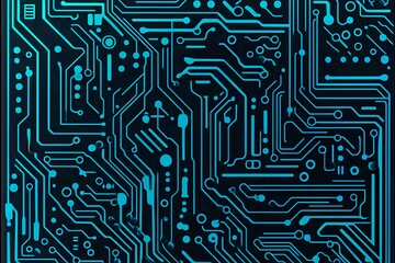 Abstract close-up of a glowing blue digital circuit board, showcasing intricate connections and technological design on a black background.
