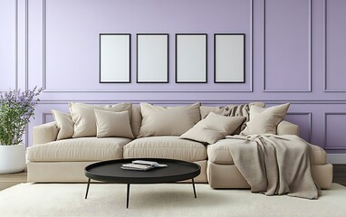 Lavender-walled living room with beige sectional sofa, coffee table, and frames. Ideal for interior design websites.