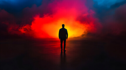 Fototapeta premium Silhouetted man walking near reflective surface, dramatic sky blending red, orange, blue tones expressing contemplative journey, inspiring sense of possibility